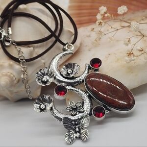Moon Silver 925 Necklace Pendant Natural Agate Cabochon Stone Leather Necklace